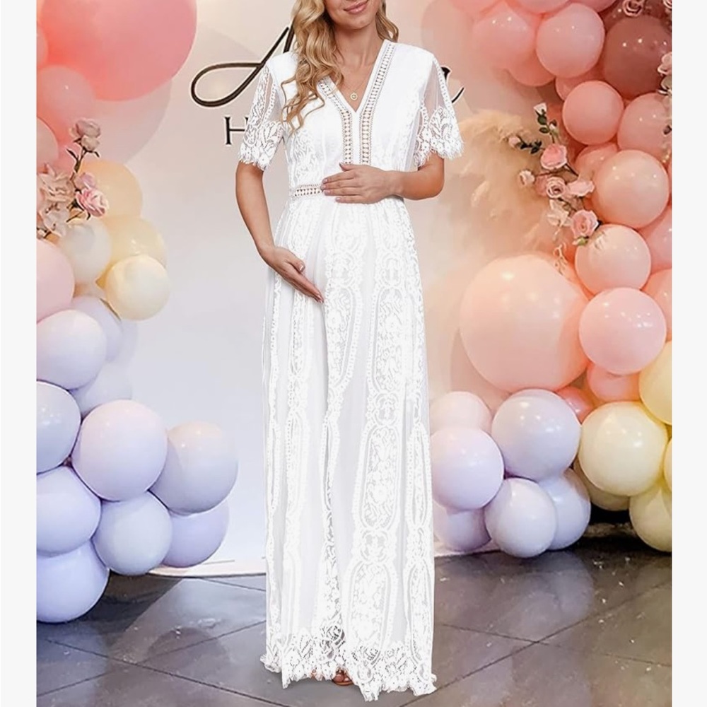 V Neck Floral Lace White Short Sleeve Boho Photoshoot Maternity Dress small - Picture 2 of 12